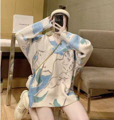 Japanese ancient soft milk blue V-Neck Sweater women's autumn and winter new loose lazy gentle wind mohair sweater