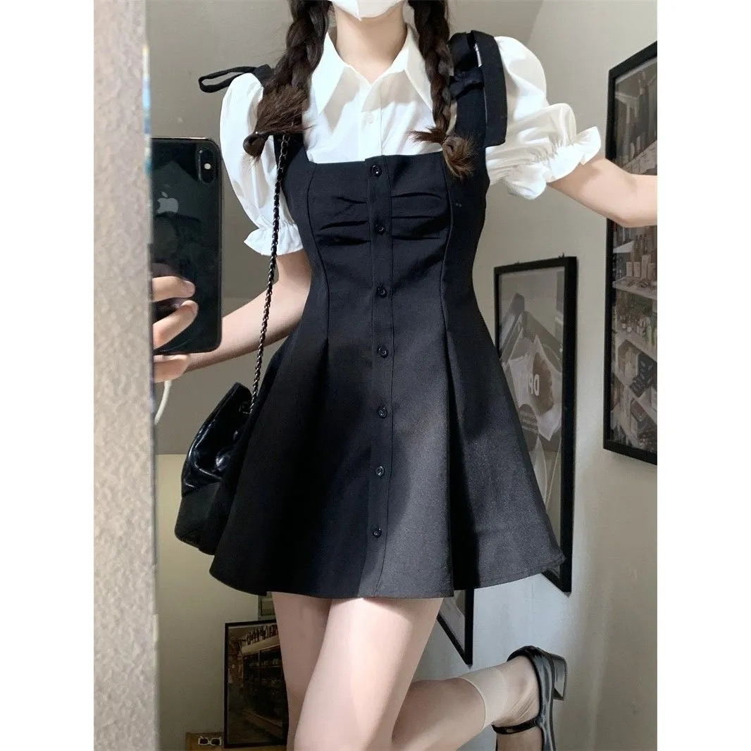 White Puff Sleeve Short Sleeve Shirt Women's Summer New Butterfly Lace Waist Dress Suspender Skirt Suit