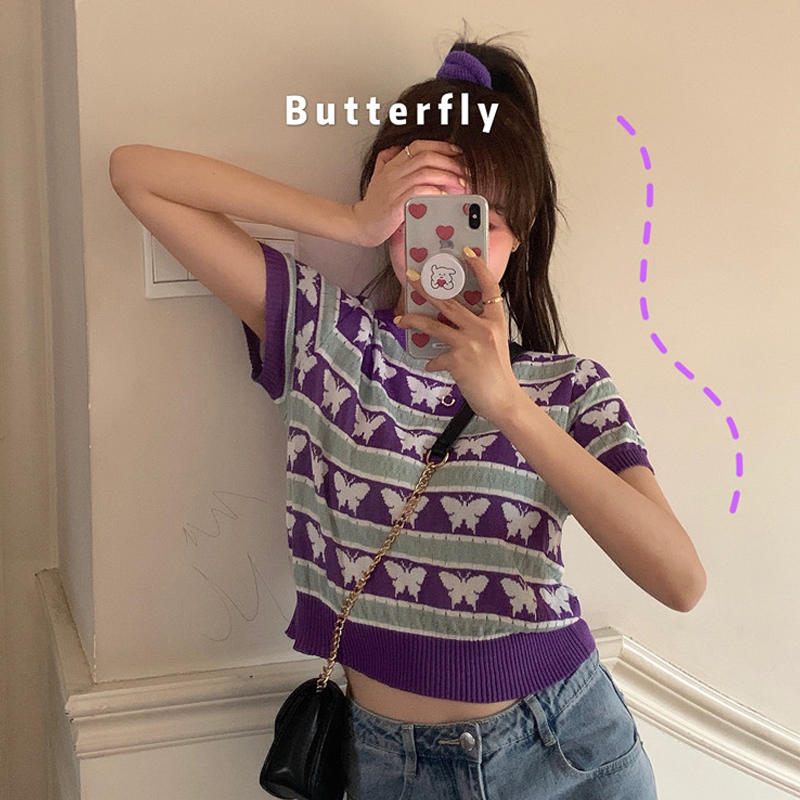 Summer 2020 new Korean butterfly knitted T-shirt short sleeve women's top ice yarn shows thin loose thin short T-shirt