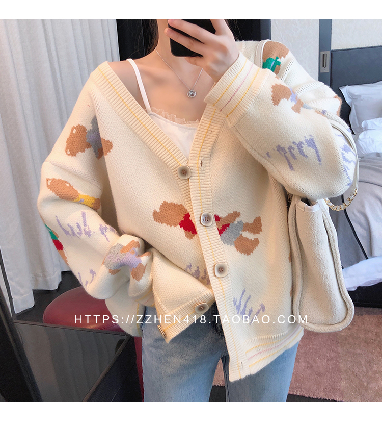 Net red loose knit cardigan women's autumn dress Korean version lazy style V-neck embroidered bear sweater coat college fashion