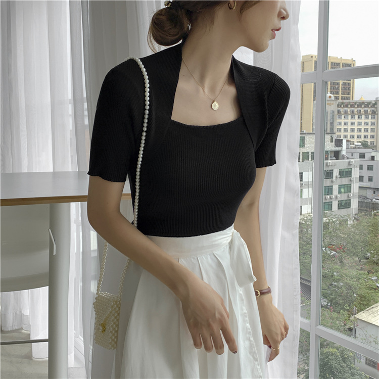 Summer Hong Kong style square neck high waist short sleeve knitted bottomed sweater female slim fit versatile jacket