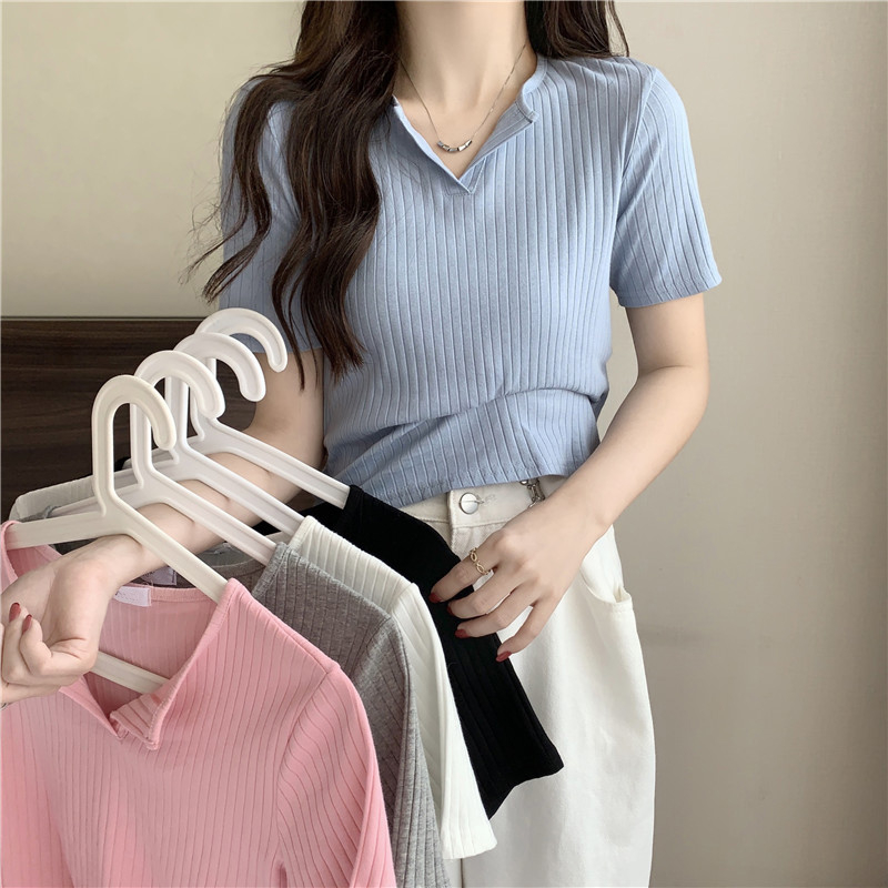 Real time V-neck Short Sleeve T-shirt 2023 Summer New Women's High Waist Short Half Sleeve Top