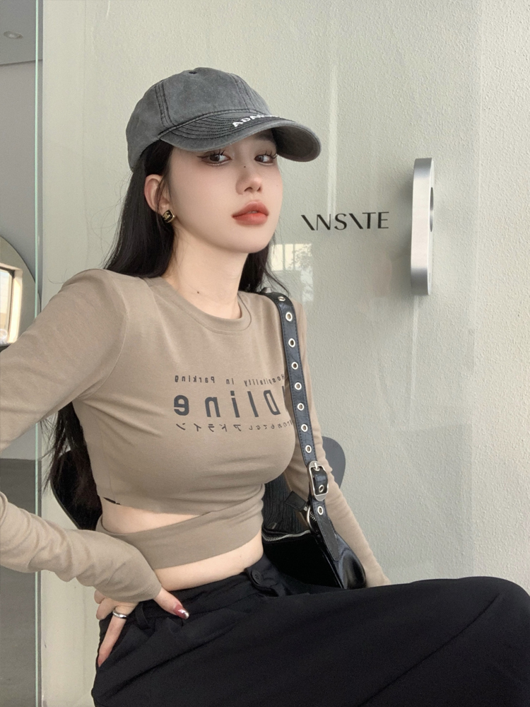 Tight, pure, thin, hot girl, letter printing, long-sleeved T-shirt, women's early autumn, self-cultivation, bottoming shirt, short section, navel