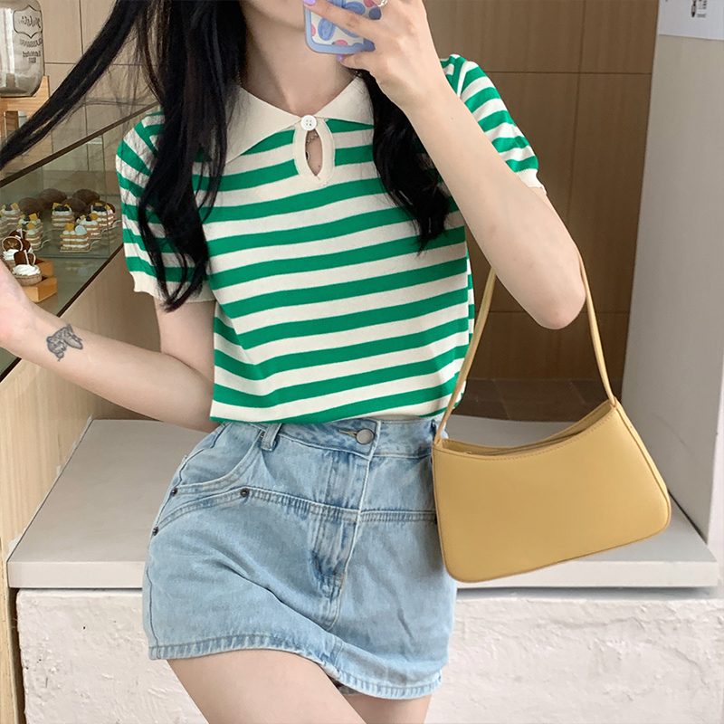 Real shot Japanese short-sleeved knitted sweater national tide cheongsam buckle Polo collar striped pullover thin section T-shirt top women