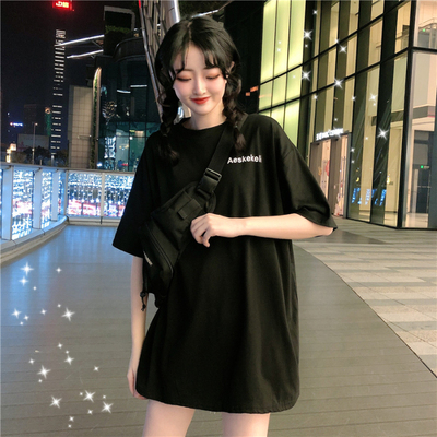 Spring Korean 2020 new style original accommodation loose medium long letter printed black large version short sleeve T-shirt women ins