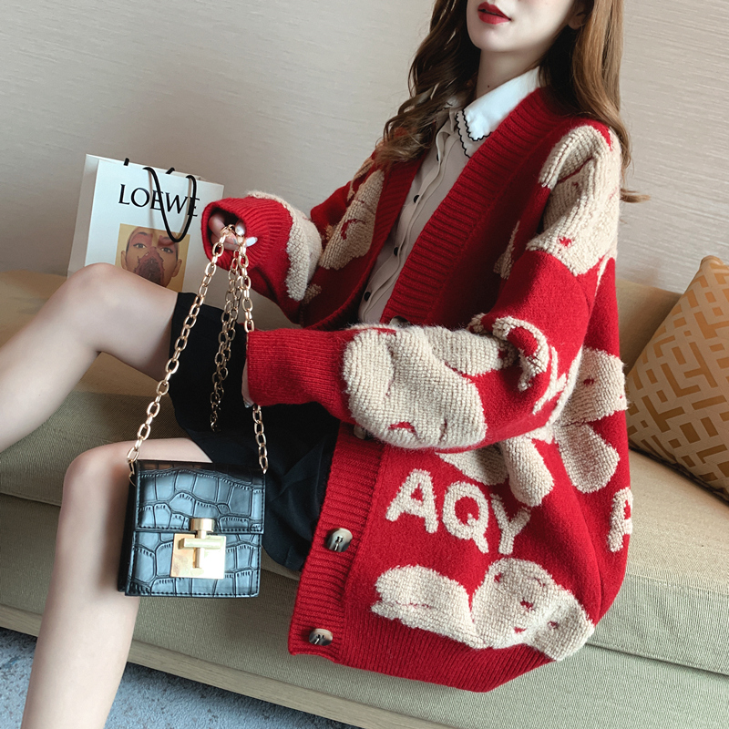 Languid sweater coat women's autumn 2020 new cartoon student knitted cardigan thickened outerwear