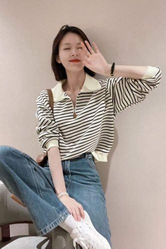 polo collar sweatshirt for women in spring and autumn winter small short jacket striped long sleeve top pullover knit sweater