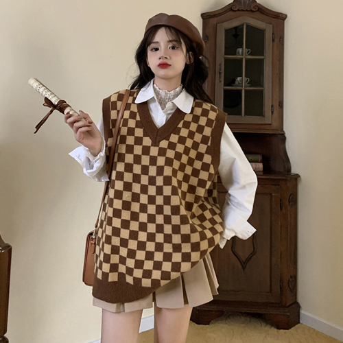 2021 autumn new chessboard knitted sweater women's Vintage loose Korean top