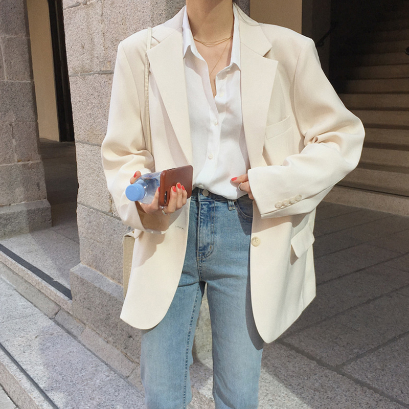 Net red small suit coat women loose 2021 autumn Korean casual thin chic off white suit top women