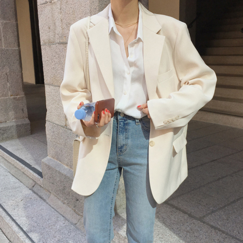 Net red small suit coat women loose  autumn Korean casual thin chic off white suit top women
