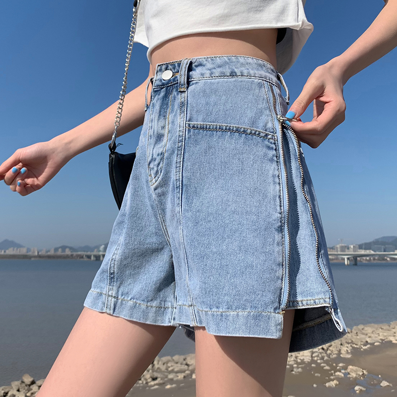 Real shot fat mm high waist Li chic zipper denim shorts women's summer large size loose and thin leg long hot pants