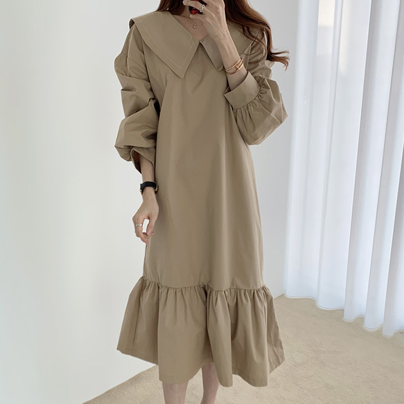 Korean chic autumn niche retro bright line Navy neck loose cover meat thin long Lantern Sleeve Dress women