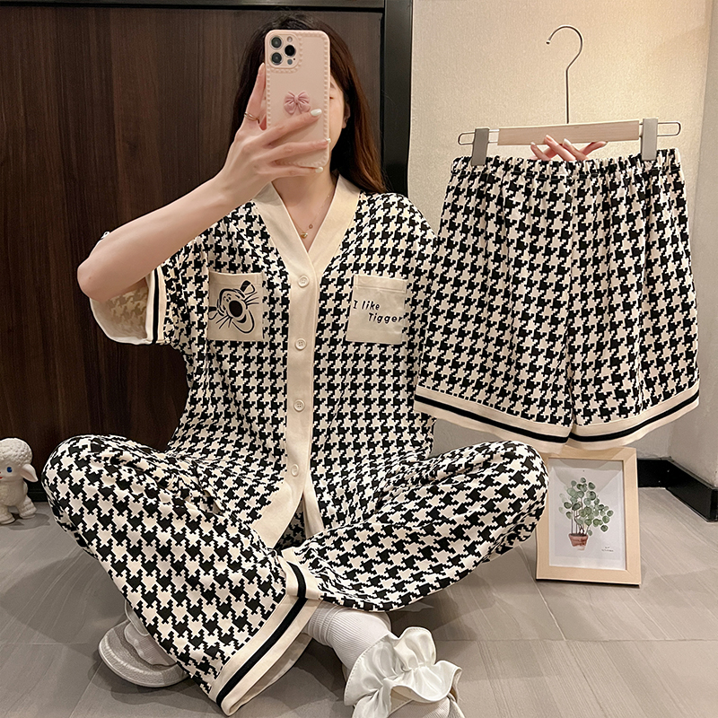Real photo pajamas women's combed cotton short sleeve 2022 New Cute loose large premium three piece set