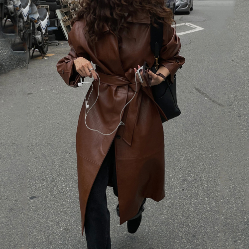 Autumn and winter new style Lapel temperament long leather windbreaker