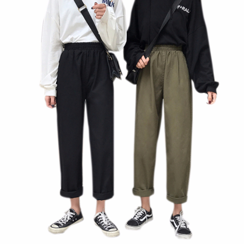 Real shot pure cotton spring and autumn Korean version elastic waist retro loose Harun nine point pants girl