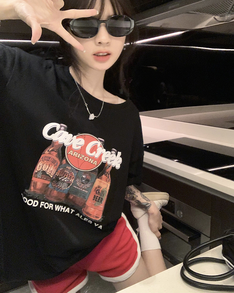 Real price three standard Qi American printing short sleeve T-shirt women's loose thin round neck lower body missing top