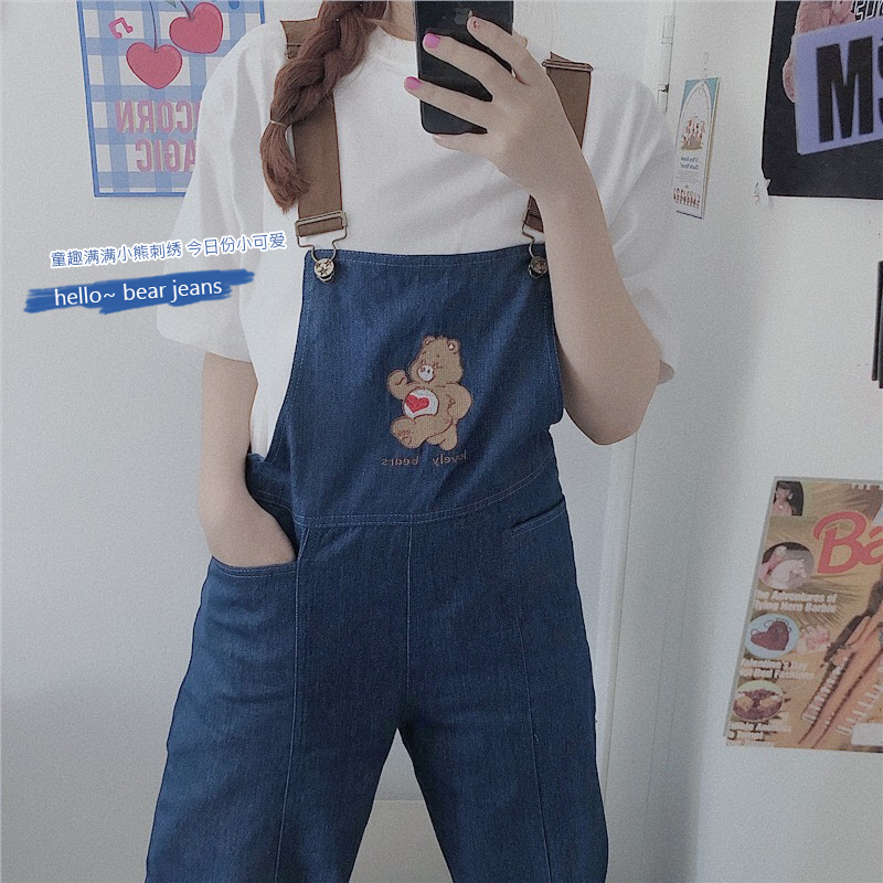 Real shooting ~ ancient children's fun cute girl embroidery bear cartoon jeans, suspenders, trousers, straight pants