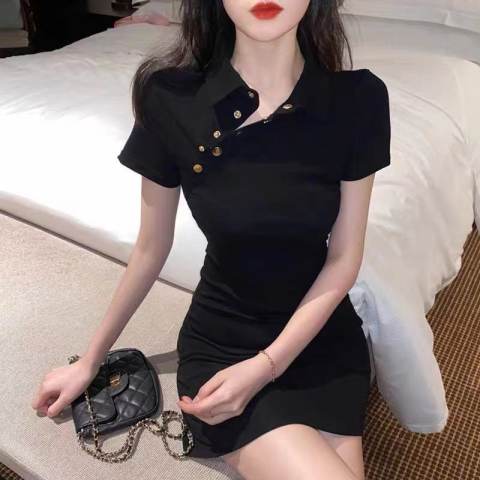 114# French Polo Lapel dress women's dress new summer small retro Hepburn heart machine small black skirt