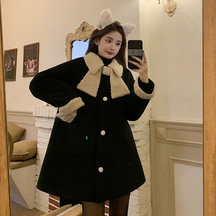 New 2022 autumn and winter woolen coat black woolen coat big bow small medium long female
