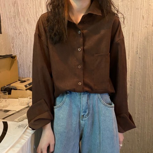 Real price shooting autumn and winter New Retro suede corduroy lazy loose versatile temperament shirt