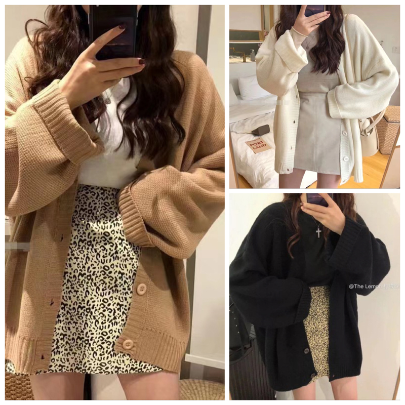 Korean version of autumn and winter V-neck knitted cardigan students loose outer wear lazy style black winter wear sweater coat women