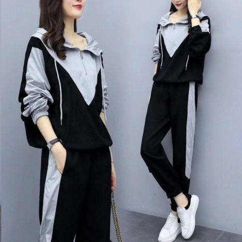 Large women's wear splicing casual sports sweater set women's autumn and winter 2022 new fat mm loose two-piece set fashion