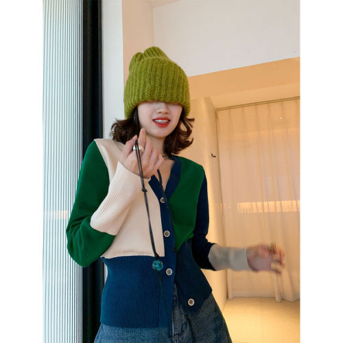 Paper man knitted cardigan foreign style small man jacket contrast color aging V-Neck Sweater waist jacket female spring and Autumn