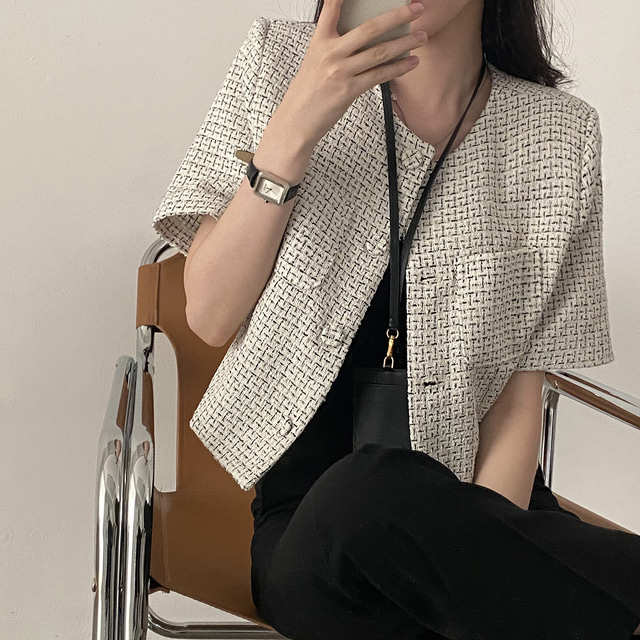 Summer Chic French style small fragrance lattice short sleeve small coat women look thin and versatile cardigan