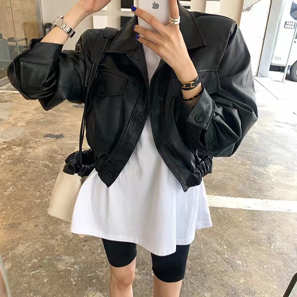 Retro small cuff waist waist PU jacket short coat
