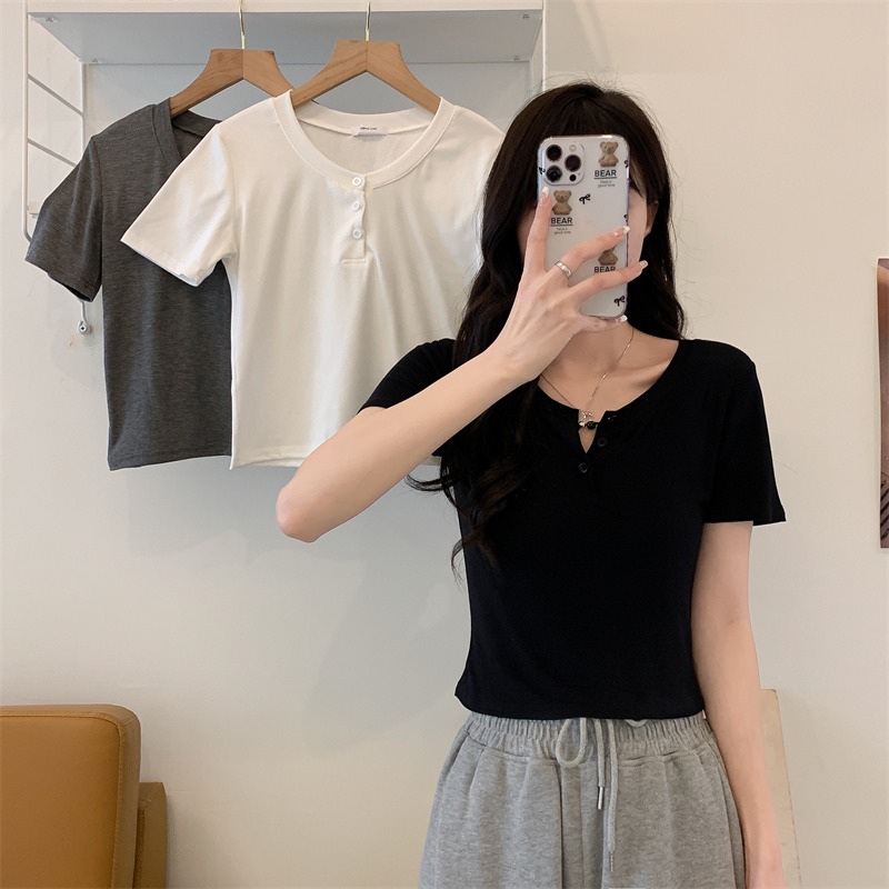 Real shot rayon Summer Short Sleeve T-Shirt women's slim short navel exposed Spice Girl solid color small top