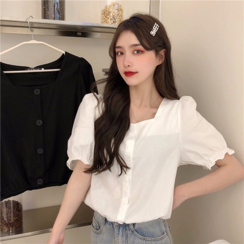 Real shot fiber French Style Bubble Sleeve square neck T-shirt small design sense short solid color shirt