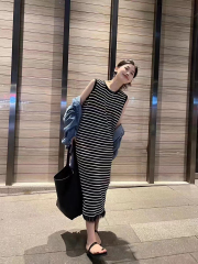 2023 spring and summer new women's clothing design sense tassel striped knitted vest dress sleeveless long skirt lazy style