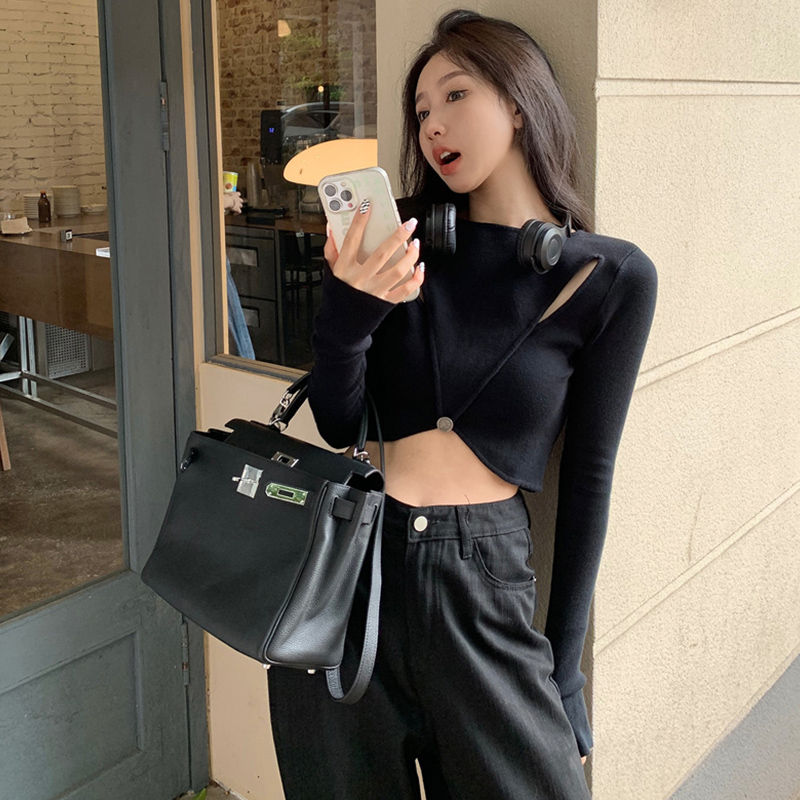 Black hollow long-sleeved brushed knitted sweater women's autumn and winter hot girl cropped navel bottoming shirt top