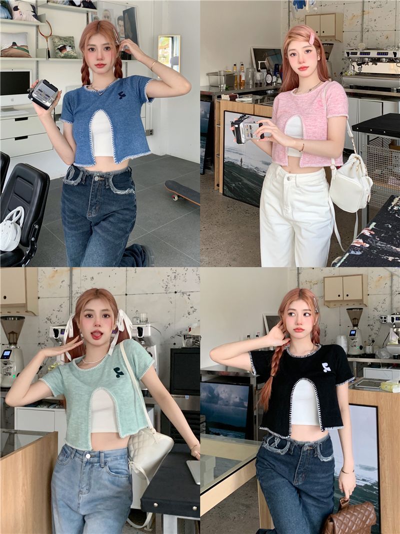Real price real price chic design front slit short-sleeved knitted crop top