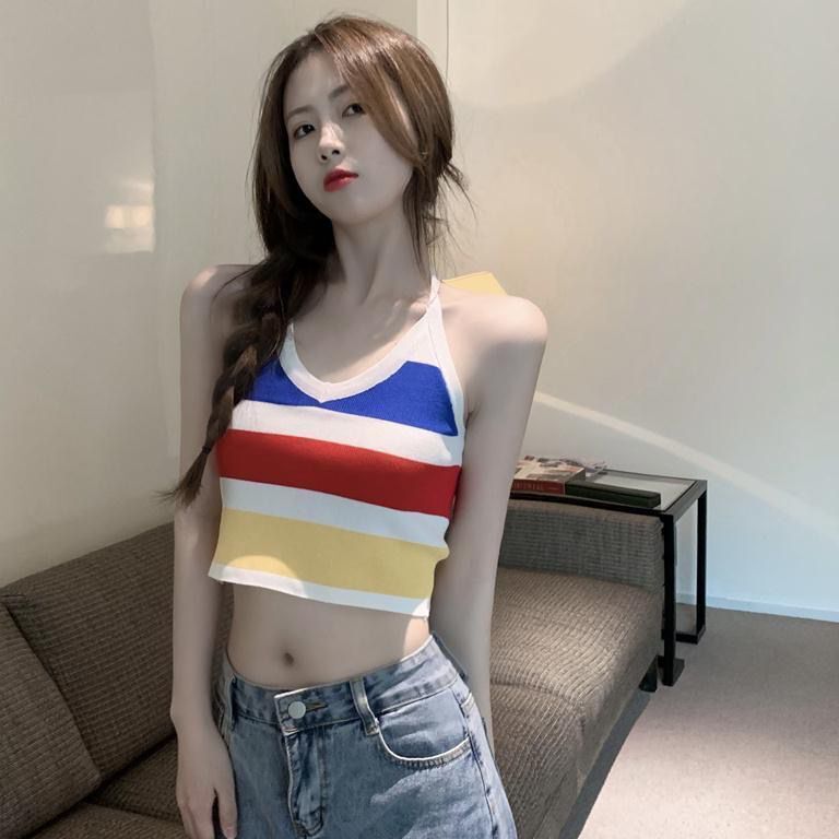 Spring and summer 2022 new sweet and spicy pure desire careful machine Rainbow Stripe knitted inner sling vest