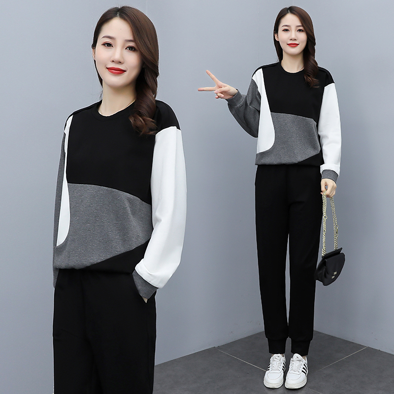 Temperament aging contrast color splicing casual sportswear set women's spring and autumn new fashion versatile two-piece set
