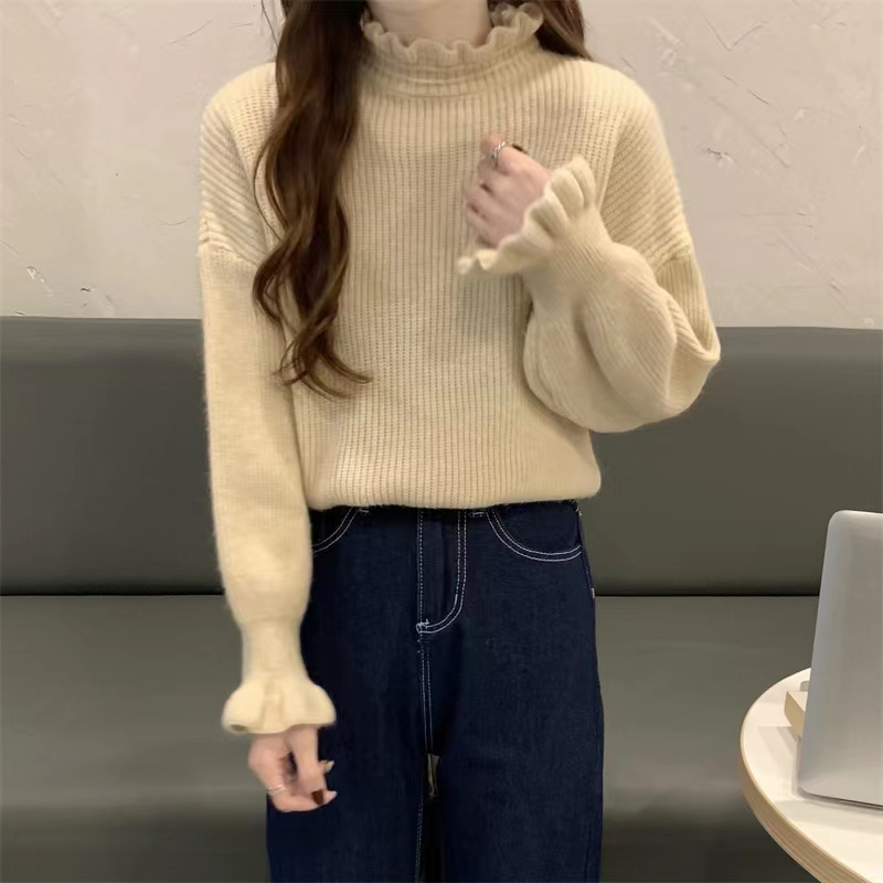 Wood ear side half-high collar knitted sweater women's autumn and winter Japanese retro loose top with bottoming shirt