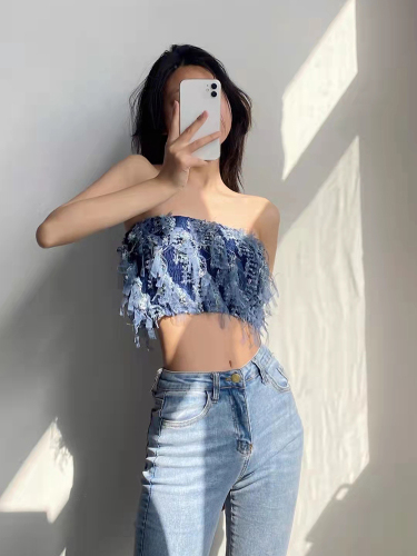 See original niche design net gauze cowboy Strapless hot girl top sexy inside with suspender vest for women to wear outside in summer