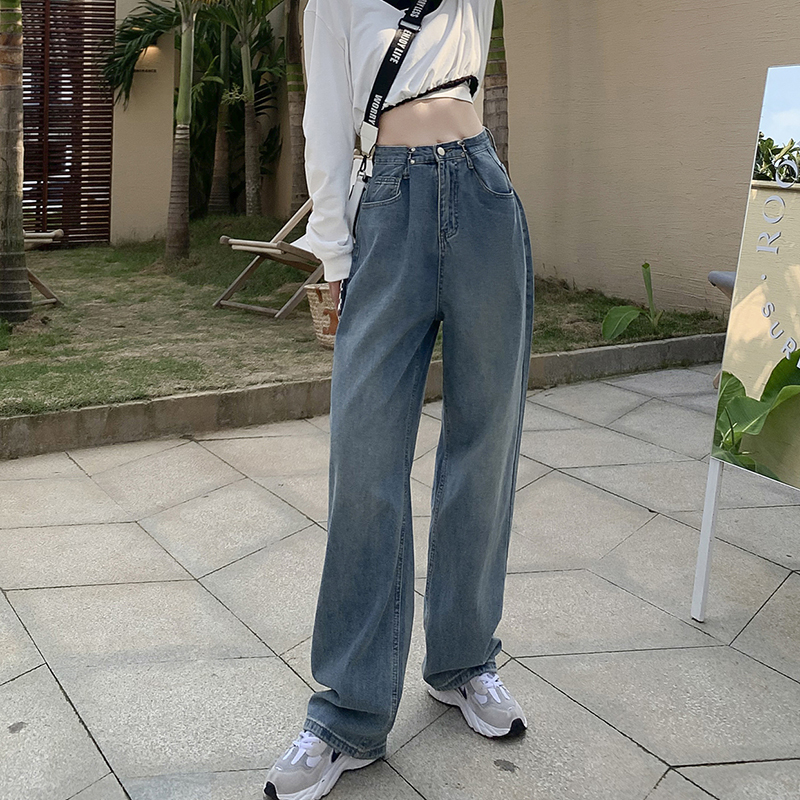 Real shot elastic waist style, high waist design, waist jeans, women's slim straight pants, drooping pants