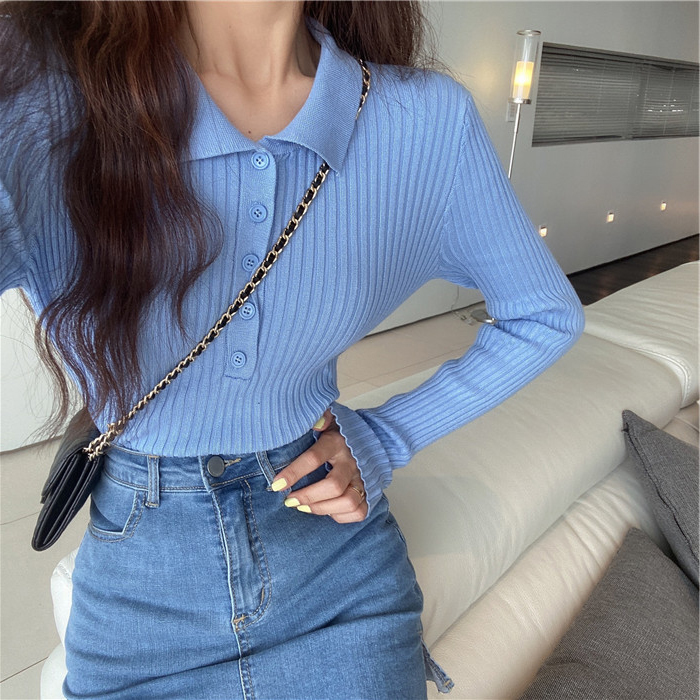 Lapel single-breasted gas slim bottoming knitted sweater women's spring new 2020 Korean version all-match short top