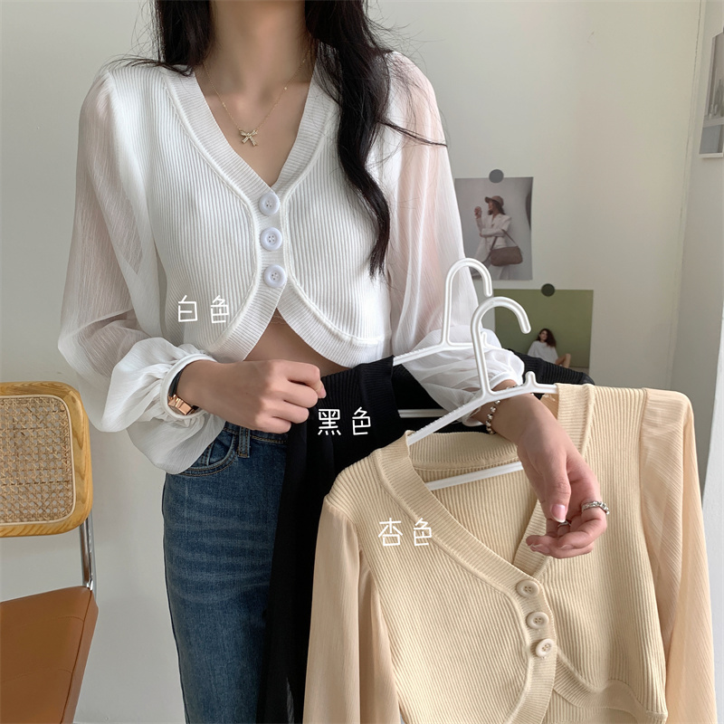 Real shooting and real price spring and summer new Chiffon splicing V-neck cardigan women's sweater