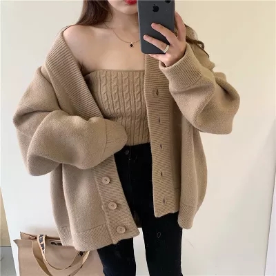Korean early autumn style retro Japanese lazy style loose v-neck knitted cardigan sweater two-piece jacket feminine temperament