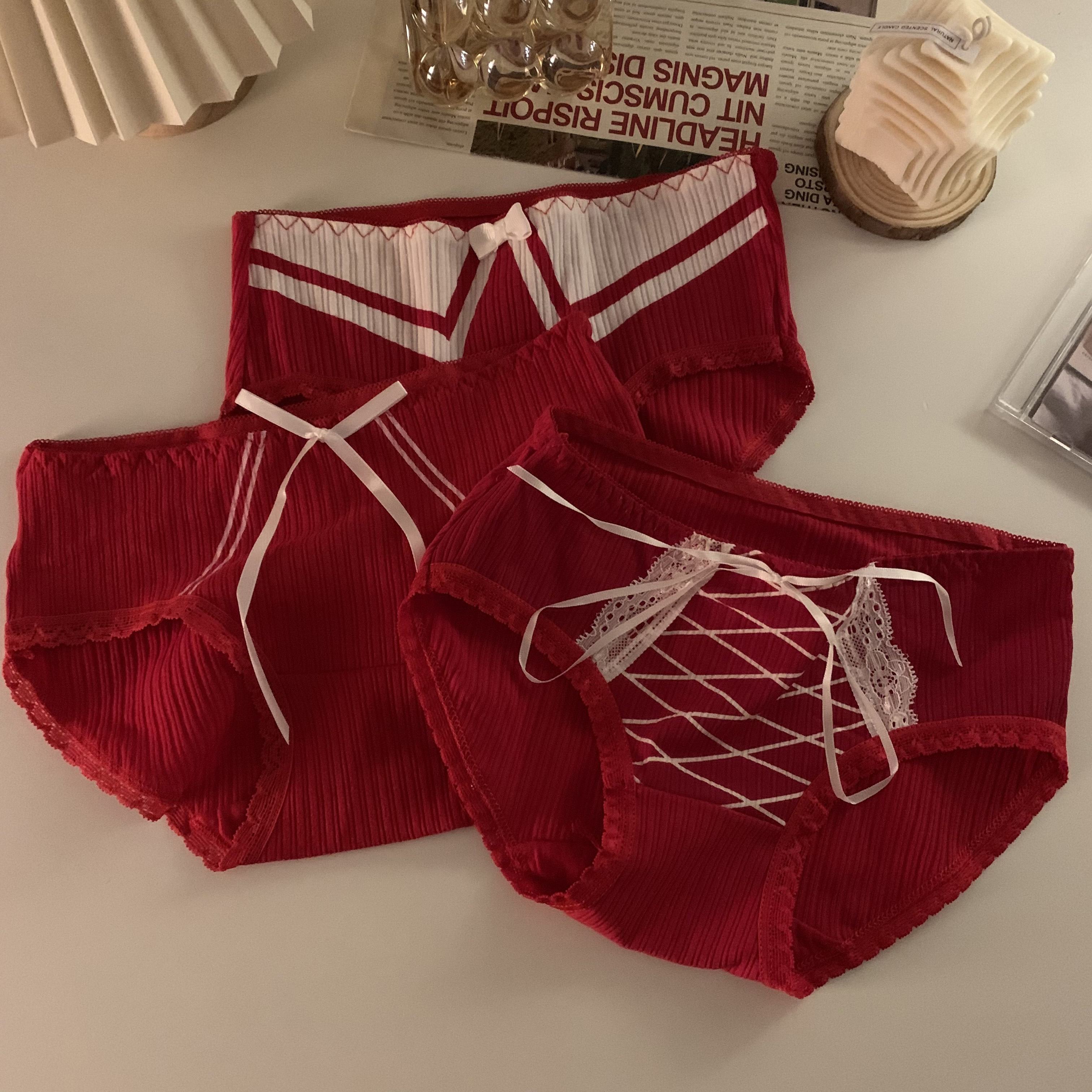 Real price new year's red underwear female sexy bow pure cotton versatile girl breathable Briefs 3 Pack