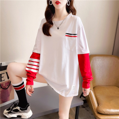 Real shooting Japanese fake two long sleeve T-shirts women's 2020 Korean loose ins fashion fake two thin long sleeve tops
