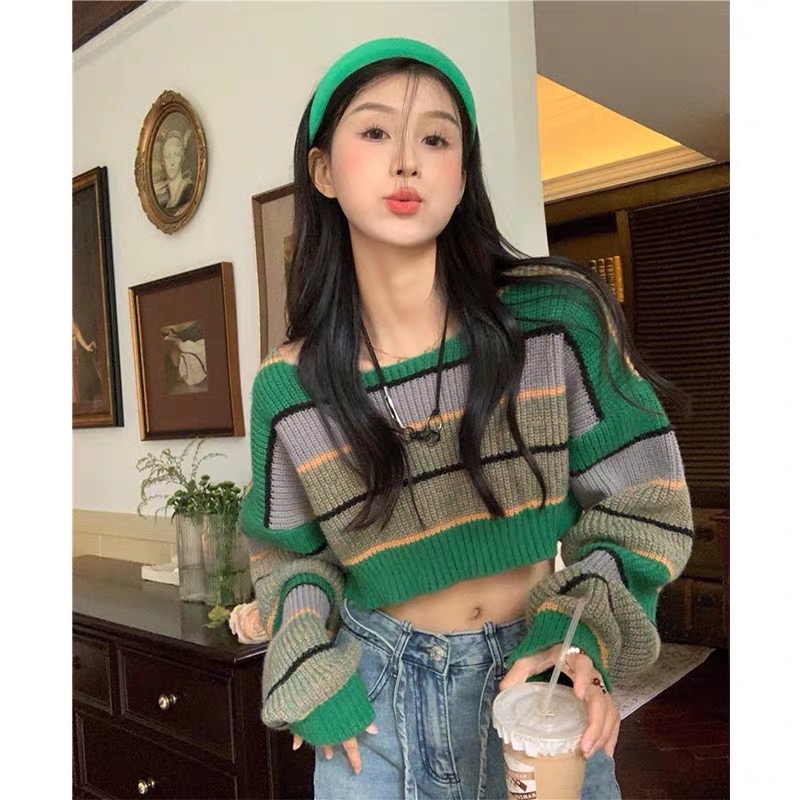Korean style retro green striped sweater women's autumn and winter new lazy loose short section navel pullover top