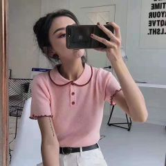 Spring and summer baby neck short sleeve knitting women's sweet lotus leaf edge ice silk shirt spring thin sweater net red top