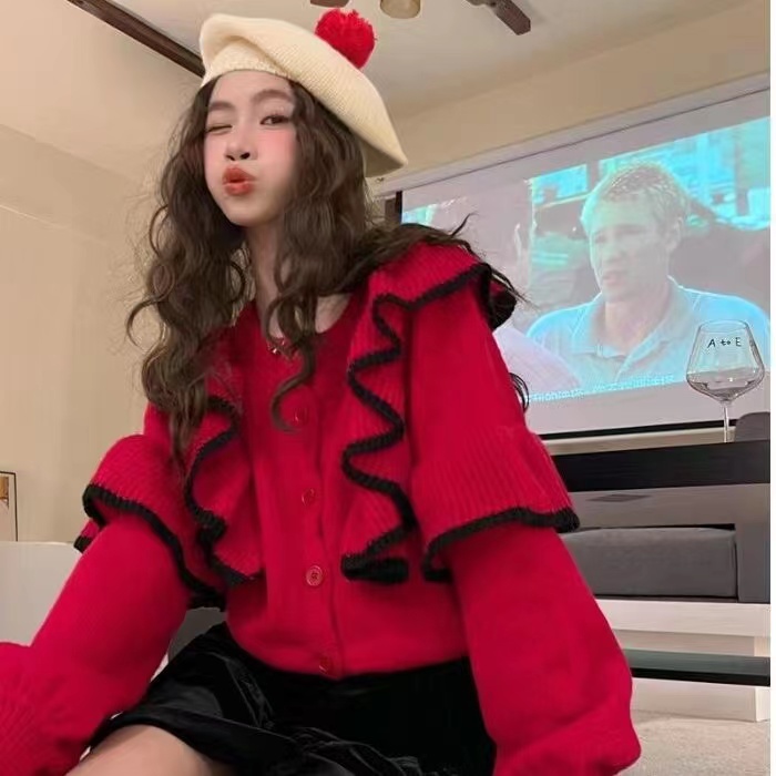 Korean version of retro ruffled sweater cardigan jacket women autumn and winter 2022 new loose short knitted top