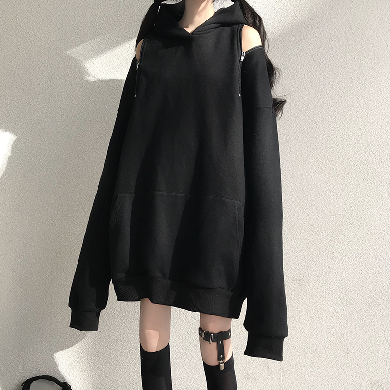 Real shot spring new style super hot loose lazy bf style zipper strapless thin section long-sleeved hooded sweater women