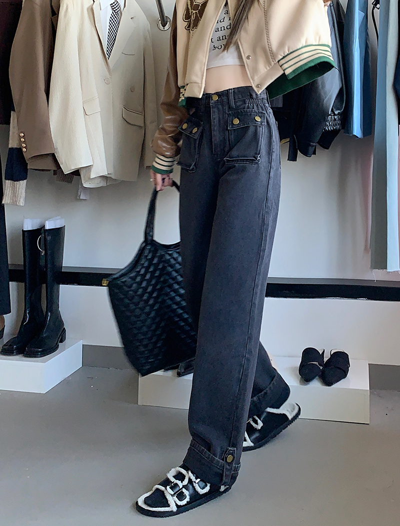 Real price real price 2023 spring new design senses straight tube tooling jeans female slim high waist rolled edge pants