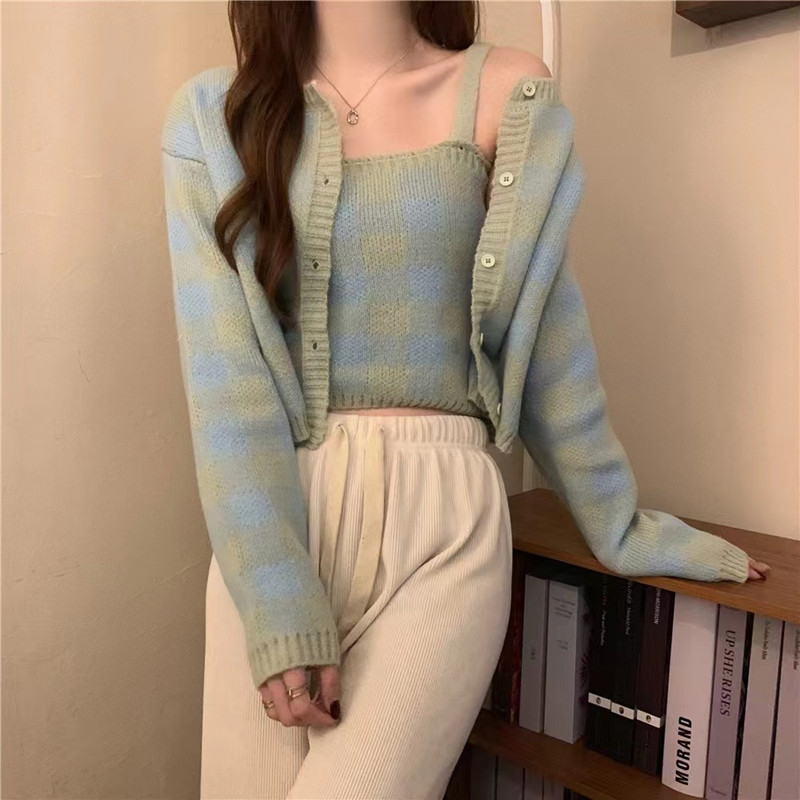 Autumn two piece Jacket Women's short retro French plaid sweater cardigan with suspender vest inside